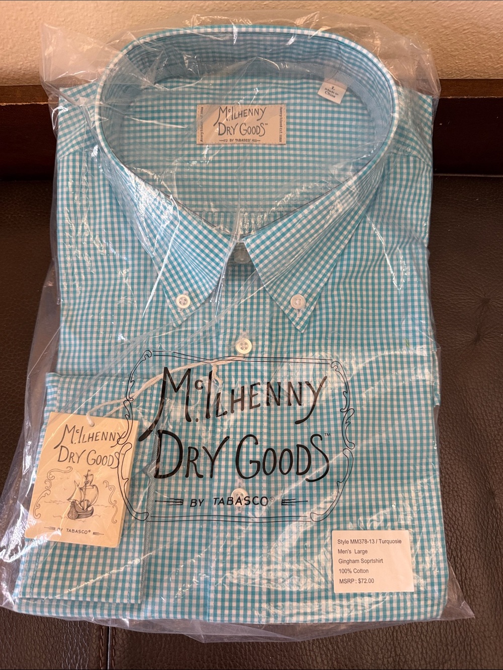 Men’s Large Gingham Turquoise Sport Shirt McIlhenny Dry Goods by Tabasco